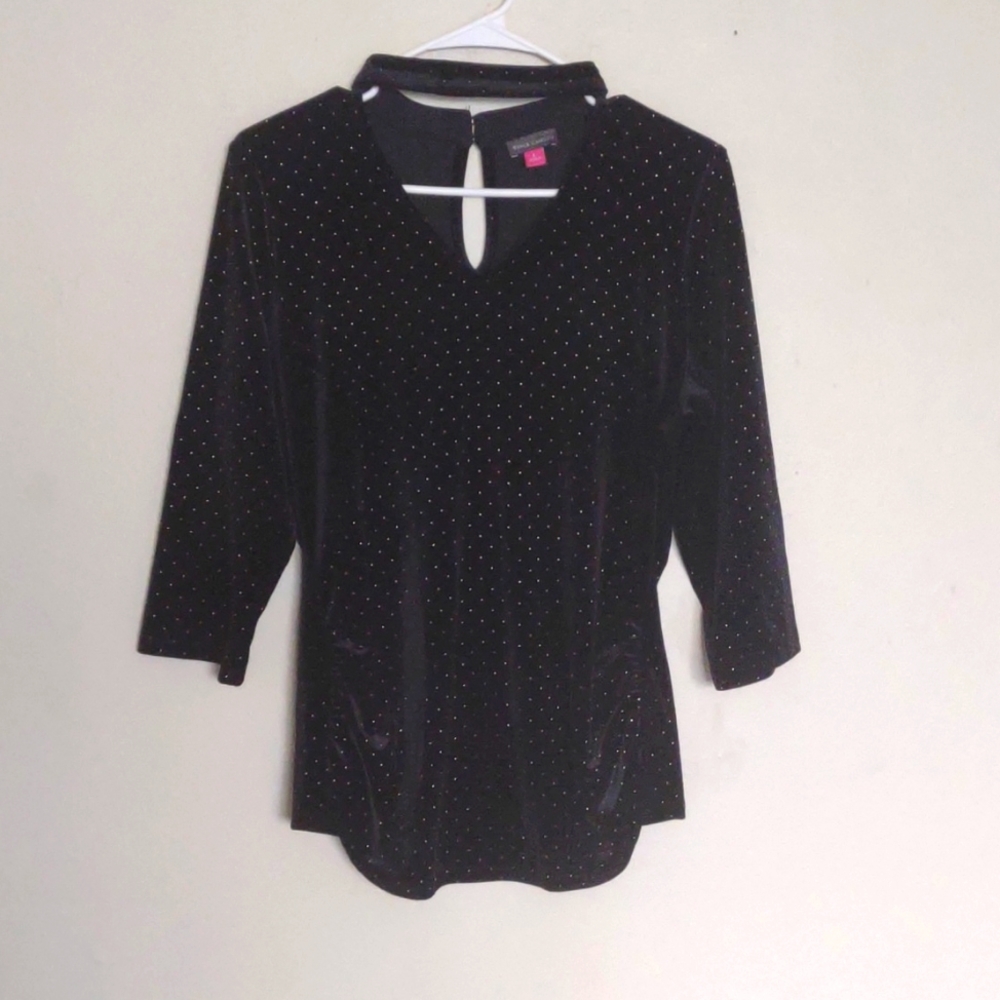 Vince Camuto velvet-look black top w/gold beads.  90% poly‎ 10% Spandex. …